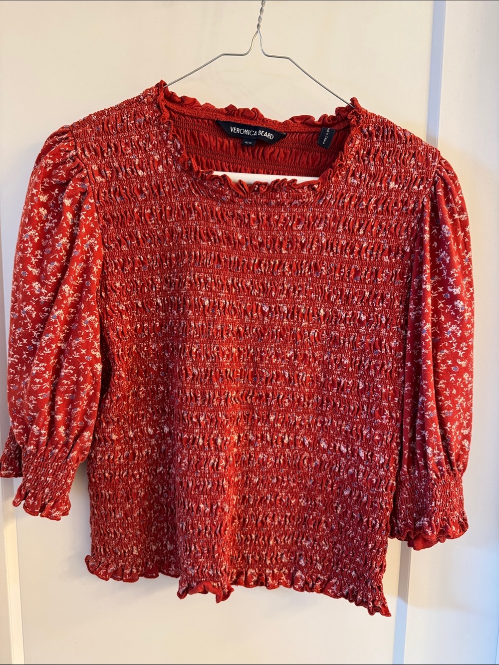 Veronica Beard Red Smocked Puff-Sleeve Blouse with Floral Print